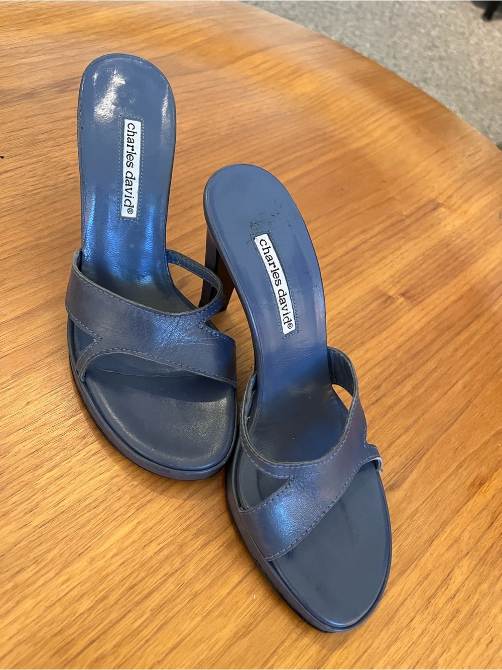 Vintage Charles David Blue Leather Slide Heels Made in Spain Y2K 90s